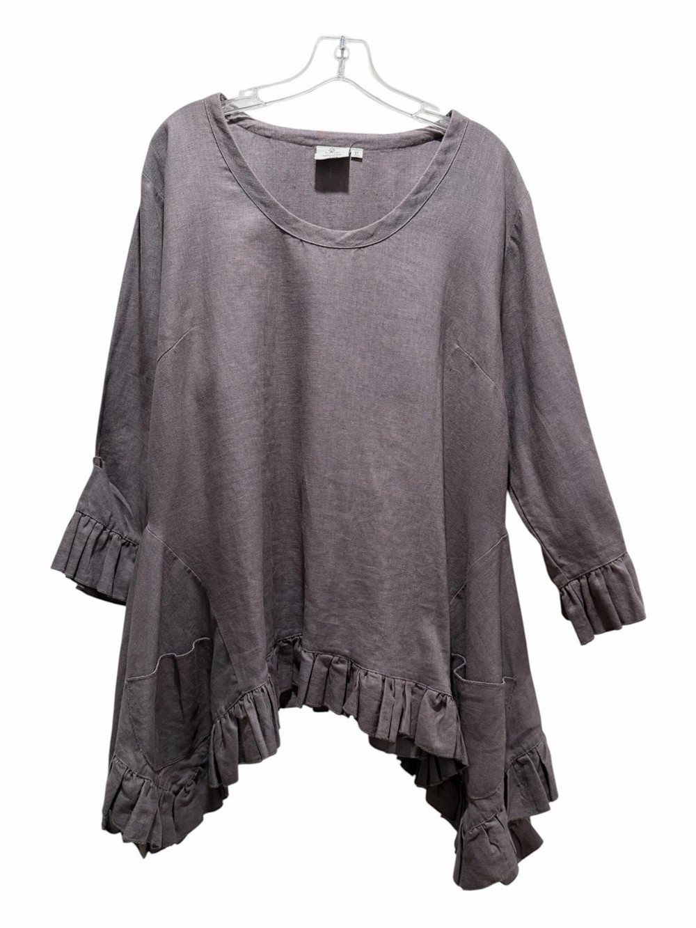 Sassy Rags Taupe Gray Ruffled Linen Tunic Top - Lagenlook, Boho - Extra Large